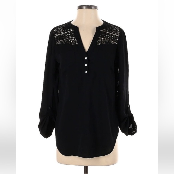 Express | Black Crochet Panel Long Sleeve Blouse | Size Small - Picture 1 of 12